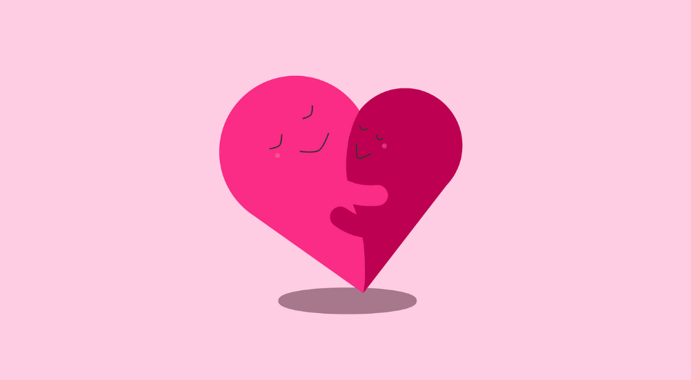 Piirretyssä kuvassa kaksi eriväristä sydämen puolikasta halaa toisiaan.